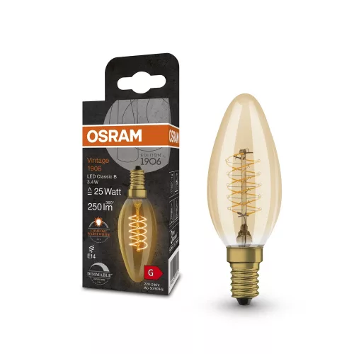 OSRAM Vintage 1906 dimmelhető LED gyertya izzó, arany üveg, E14, 3,4W, 250lm, 2200K, filament