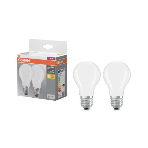 OSRAM Base LED izzó, classic forma, matt búra, E27 foglalat, 4,2W, 470lm, 2700K meleg fehér 2db