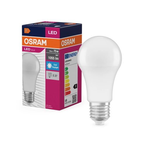 OSRAM Value LED izzó, classic forma, matt búra, E27 foglalat, 10W, 1055lm, 6500K hideg fehér