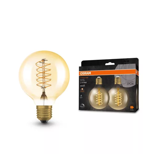OSRAM Vintage 1906 dimm. LED, Globe üveg búra, arany E27, 4,8W, 420lm, 2200K extra meleg fehér 2db