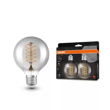 OSRAM Vintage 1906 dimm. LED, Globe üveg búra, füst E27, 7,8W, 360lm, 1800K extra meleg fehér 2db