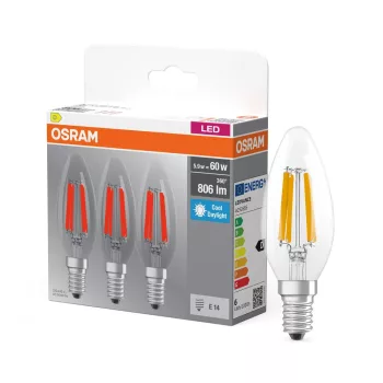 OSRAM Base LED gyertya izzó, átlátszó üveg búra, E14 foglalat, 5,9W, 806lm, 6500K hideg fehér 3db