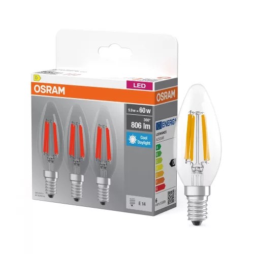 OSRAM Base LED gyertya izzó, átlátszó üveg búra, E14 foglalat, 5,9W, 806lm, 6500K hideg fehér 3db
