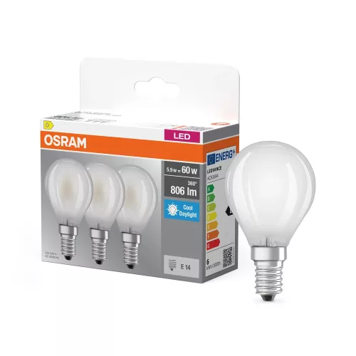OSRAM Base LED izzó kisgömb forma, matt búra, E14 foglalat, 5,9W, 806lm, 6500K hideg fehér 3db