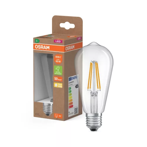 OSRAM Superstar+ LED Edison izzó, átlátszó üveg búra, E27 foglalat, 3,8W, 806lm, 2700K, filament