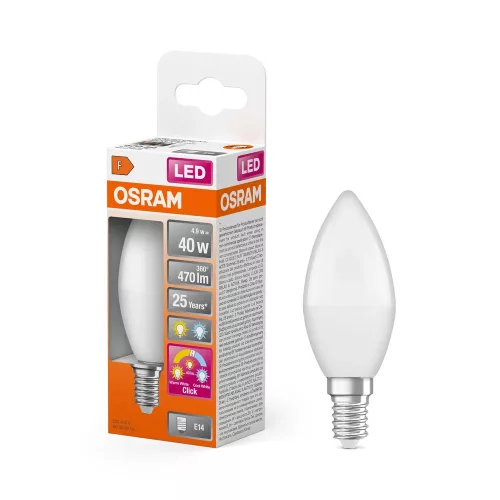 OSRAM Superstar+ RAS LED gyertya izzó, matt búra, E14 foglalat, 4,9W, 470lm, háromszínű fényforrás