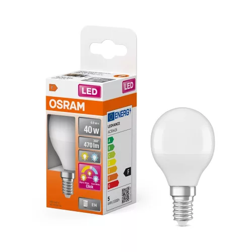 OSRAM Superstar+ RAS LED izzó, kisgömb forma, matt búra, E14 foglalat, 4,9W, 470lm, háromszínű