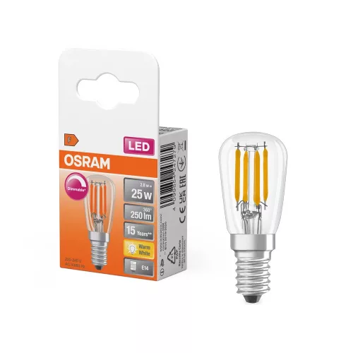 OSRAM T26 dimmelhető LED hűtőizzó, átlátszó üveg búra, E14 foglalat, 2,8W, 250lm, 2700K meleg fehér