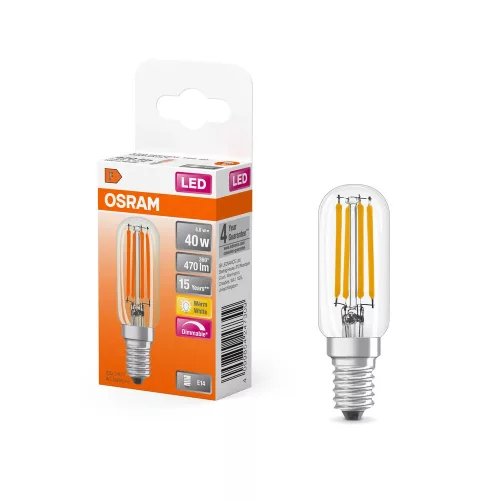 OSRAM T26 dimmelhető LED hűtőizzó, átlátszó üveg búra, E14 foglalat, 4,8W, 470lm, 2700K meleg fehér