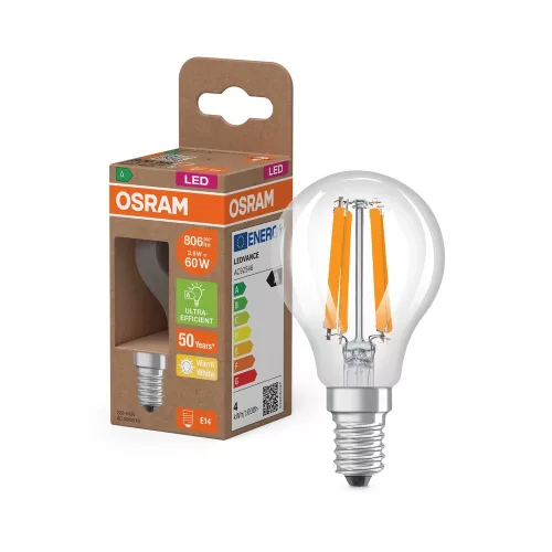OSRAM Superstar+ LED izzó kisgömb forma, üveg búra, E14 foglalat, 3,8W, 806lm, 2700K meleg fehér