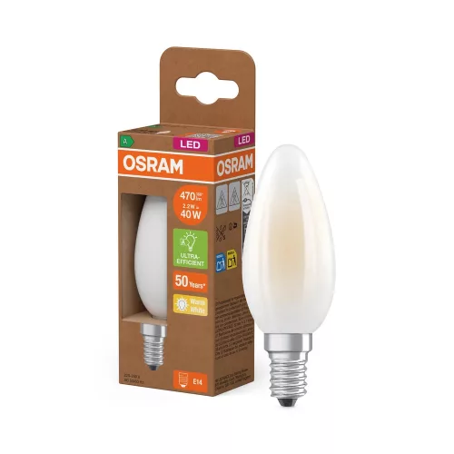 OSRAM Superstar+ LED gyertya izzó, matt plasztik búra, E14 foglalat, 2,2W, 470lm, 2700K meleg fehér
