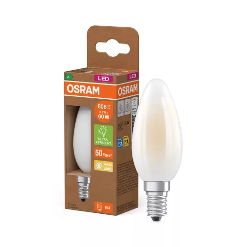 OSRAM Superstar+ LED gyertya izzó, matt plasztik búra, E14 foglalat, 3,8W, 806lm, 2700K meleg fehér
