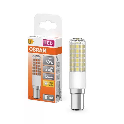 OSRAM dimmelhető LED ceruza izzó, cső forma, átlátszó üveg, B15d foglalat, 6,5W, 2700K, 806lm