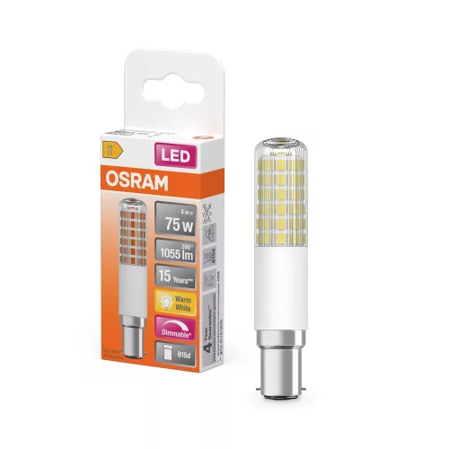 OSRAM dimmelhető LED ceruza izzó, cső forma, átlátszó üveg, B15d foglalat, 8W, 2700K, 1055lm