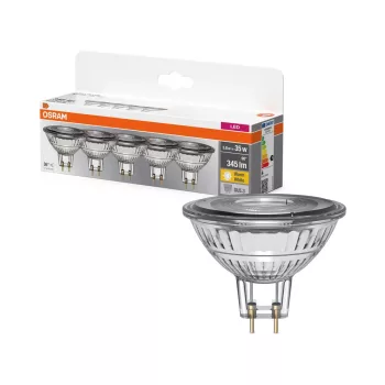 OSRAM Base LED MR16 spot izzó, GU5.3 foglalat, 3,8W, 345lm, 2700K meleg fehér, 5db csomag fényforrás