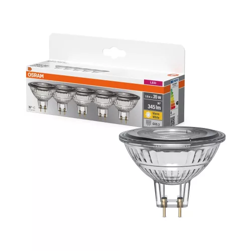 OSRAM Base LED MR16 spot izzó, GU5.3 foglalat, 3,8W, 345lm, 2700K meleg fehér, 5db csomag fényforrás