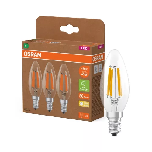 OSRAM Superstar+ LED gyertya izzó, átlátszó üveg, E14 foglalat, 2,2W, 470lm, 2700K meleg fehér 3db