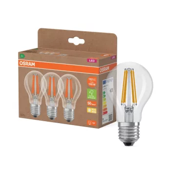 OSRAM Superstar+ LED izzó, classic forma, üveg búra, E27, 7,2W, 1521lm, 2700K meleg fehér 3db