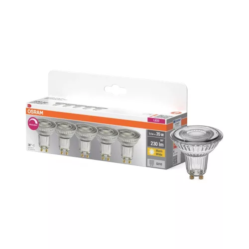 OSRAM Base dimmelhető LED PAR16 spot izzó, GU10 foglalat, 3,4W, 230lm, 2700K meleg fehér, 5db csomag