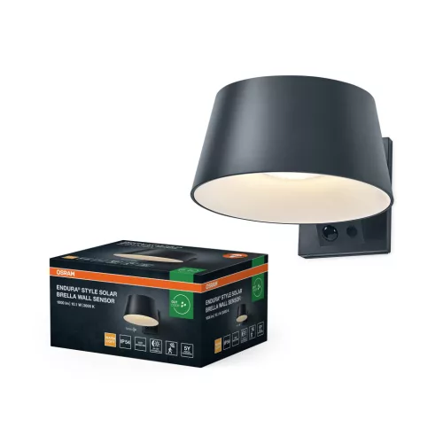 OSRAM ENDURA® napelemes ernyő formájú LED oldalfali lámpa mozgásérzékelővel, kültéri, sötétszürke, 930 lm, 10,1 W, 3000 K, (PC) és ABS, IP54, hossz: 162 mm, dimmelhető ( 4099854415111 )