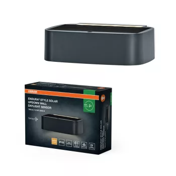   OSRAM ENDURA® napelemes fel-le világító LED oldalfali lámpa mozgás- és nappali fényérzékelővel, kültéri, sötétszürke, 520 lm, 7,6 W, 3000 K, (PC) és ABS, IP65, hossz: 175 mm, dimmelhető ( 4099854415234 )