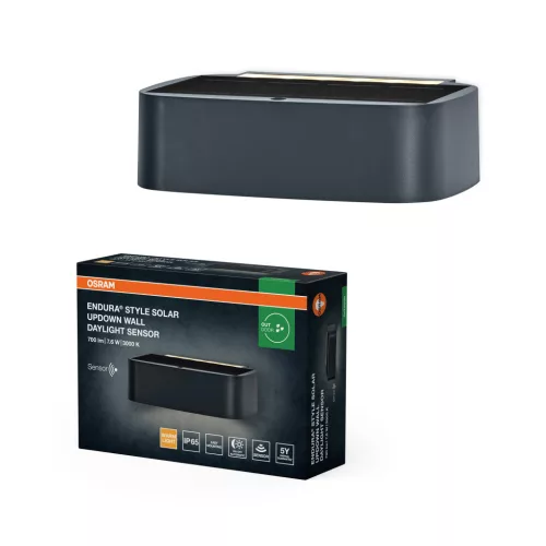 OSRAM ENDURA® napelemes fel-le világító LED oldalfali lámpa mozgás- és nappali fényérzékelővel, kültéri, sötétszürke, 520 lm, 7,6 W, 3000 K, (PC) és ABS, IP65, hossz: 175 mm, dimmelhető ( 4099854415234 )