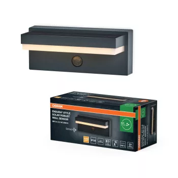   OSRAM ENDURA® napelemes és USB-tölthető strapabíró LED oldalfali lámpa mozgásérzékelővel, kültéri, sötétszürke, 180 lm, 2,5 W, 3000 K, alumínium, IP54, hossz: 206 mm ( 4099854415715 )