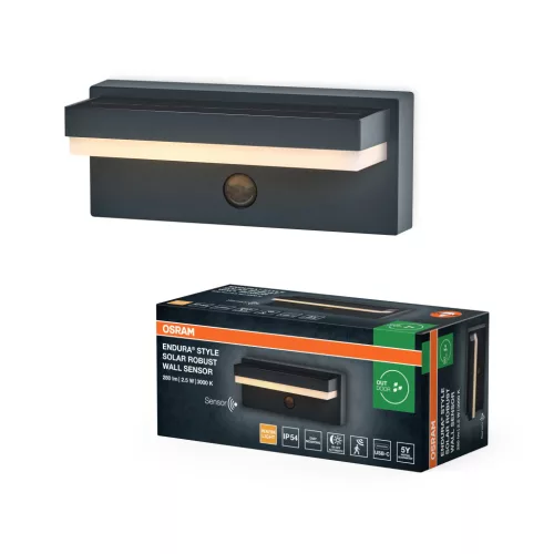 OSRAM ENDURA® napelemes és USB-tölthető strapabíró LED oldalfali lámpa mozgásérzékelővel, kültéri, sötétszürke, 180 lm, 2,5 W, 3000 K, alumínium, IP54, hossz: 206 mm ( 4099854415715 )