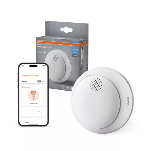 OSRAM SMART+ WiFi füstérzékelő fehér, IP20 beltéri, 5 év elem, EN 14604, önellenőrzés, hangriasztás