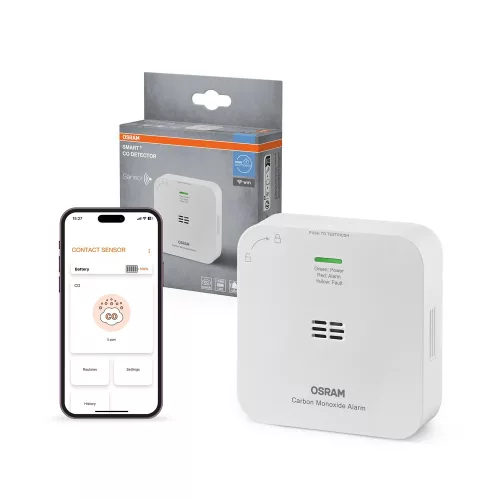OSRAM SMART+ WiFi CO szén-monoxid érzékelő fehér, IP20 beltéri, 5 év elem, EN 50291