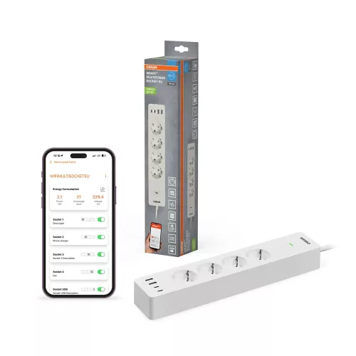 OSRAM SMART+ WiFi elosztó- hosszabbító, 1,5m 4+4 db aljzat+USB, fehér, IP20, energiamérő, időzíthető