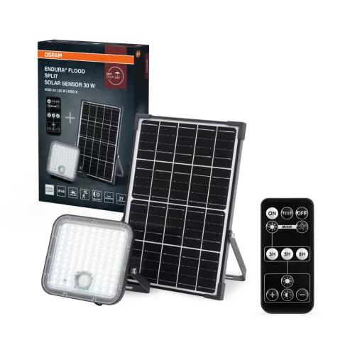 OSRAM ENDURA® napelemes osztott LED reflektor mozgásérzékelővel, távirányítóval, kültéri, fekete, 4500 lm, 30 W, 4000 K, ABS, IP65, hossz: 200 mm, dimmelhető ( 4099854429439 )