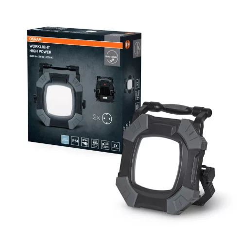 OSRAM Worklights nagy teljesítményű állványos LED munkalámpa 2 db beépített aljzattal, kültéri, fekete, 7200 lm, 60 W, 6500 K, alumínium, IP54, magasság: 310,5 mm ( 4099854429972 )