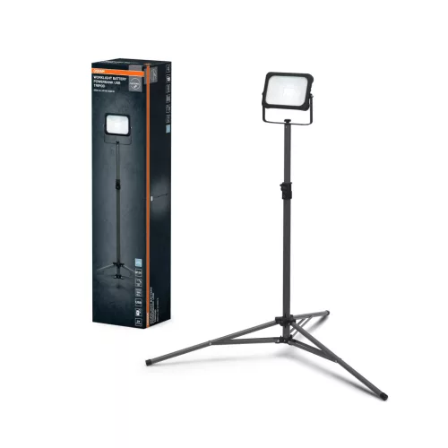 OSRAM Worklights akkumulátoros háromlábú állványos LED munkalámpa, kültéri, fekete, 2000 lm, 20 W, 6500 K, alumínium, IP54, magasság: 1550 mm, dimmelhető ( 4099854429996 )