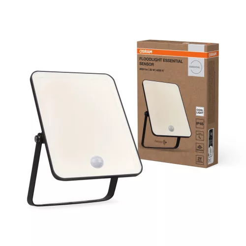 OSRAM Essentials LED reflektor mozgásérzékelővel, kültéri, fekete, 30 W, 4000 K, alumínium, IP65, hossz: 186 mm ( 4099854430138 )