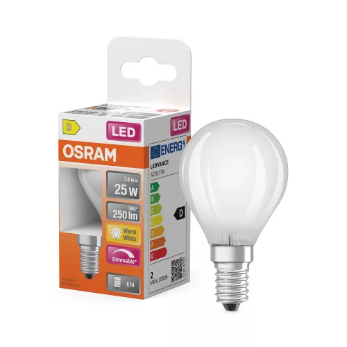 OSRAM Superstar dimmelhető LED kisgömb izzó, matt plasztik, E14 foglalat, 1,8W, 2700K, 250lm