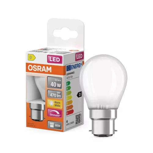 OSRAM Superstar dimm. LED izzó kisgömb forma, matt búra, B22d, 3,4W, 470lm, 2700K meleg fehér