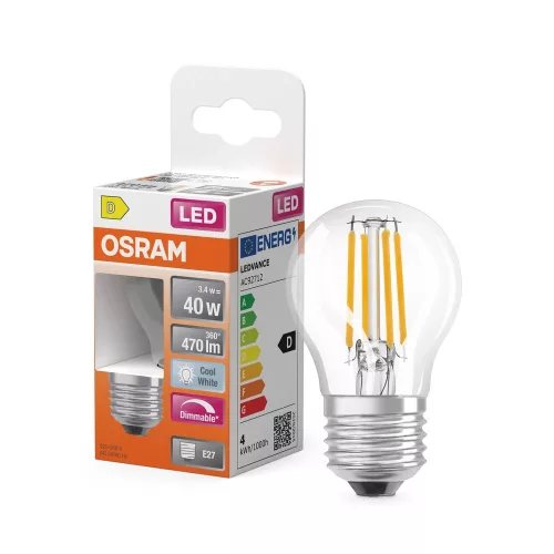 OSRAM Superstar dimmelhető LED kisgömb izzó, átlátszó üveg, E27 foglalat, 3,4W, 470lm, 4000K