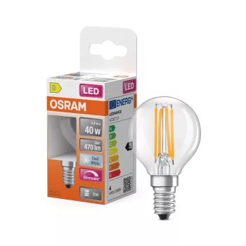 OSRAM Superstar dimmelhető LED kisgömb izzó, átlátszó üveg, E14 foglalat, 3,4W, 4000K, 470lm
