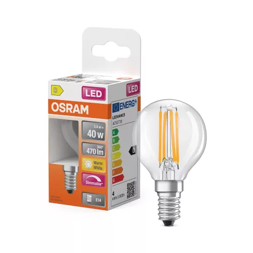 OSRAM Superstar dimmelhető LED kisgömb izzó, átlátszó üveg, E14 foglalat, 3,4W, 2700K, 470lm
