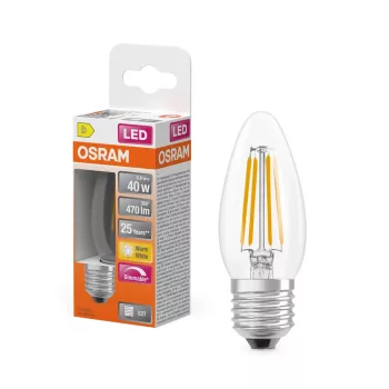 OSRAM Superstar dimmelhető LED gyertya izzó, átlátszó üveg, E27 foglalat, 3,4W, 470lm, 2700K, meleg