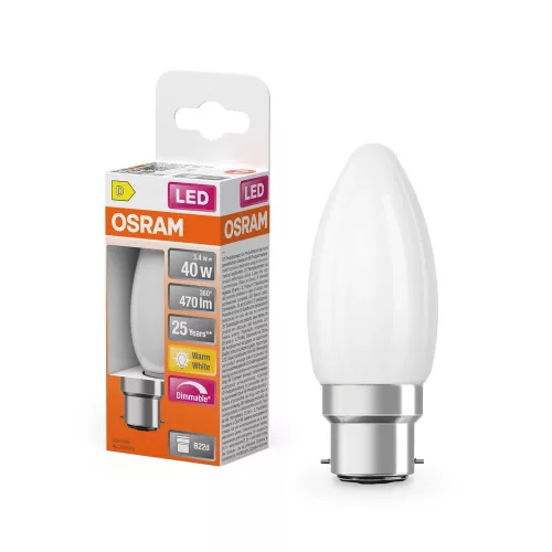 OSRAM Superstar dimm. LED izzó gyertya forma, matt búra, B22d, 3,4W, 470lm, 2700K meleg fehér