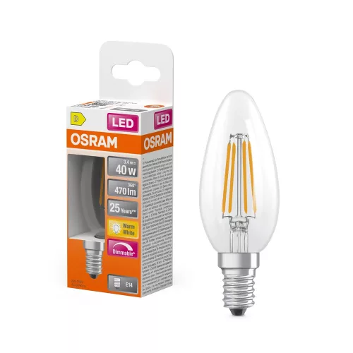 OSRAM Superstar dimmelhető LED izzó gyertya forma, üveg búra, E14, 3,4W, 470lm, 2700K meleg fehér