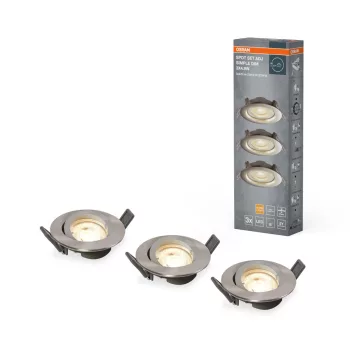   OSRAM beépíthető (recess) dimmelhető LED spot lámpa, beltéri, csiszolt nikkel, 380 lm, 4,9 W, 2700 K, alumínium, IP20, átmérő: 90 mm, fix 3 db-os szett, dimmelhető ( 4099854445828 )