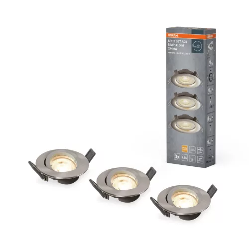 OSRAM beépíthető (recess) dimmelhető LED spot lámpa, beltéri, csiszolt nikkel, 380 lm, 4,9 W, 2700 K, alumínium, IP20, átmérő: 90 mm, fix 3 db-os szett, dimmelhető ( 4099854445828 )