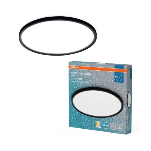 OSRAM Orbis Disc fürdőszobai LED mennyezeti lámpa, beltéri / fedett kültéri, fekete, 1150 lm, 18 W, 3000 K / 4000 K, alumínium és acél, IP44, átmérő: 300 mm, kapcsolós színhőmérséklet ( 4099854446795 )
