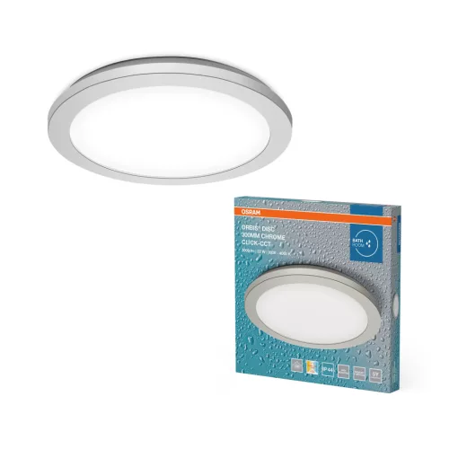 OSRAM Orbis Disc fürdőszobai LED mennyezeti lámpa, beltéri / fedett kültéri, króm, 1800 lm, 22 W, 3000 K / 4000 K, (PC) és ABS, IP44, átmérő: 300 mm, kapcsolós színhőmérséklet ( 4099854446832 )