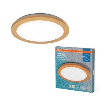   OSRAM Orbis Disc fürdőszobai LED mennyezeti lámpa, beltéri / fedett kültéri, fa dekor, 1800 lm, 22 W, 3000 K / 4000 K, (PC), ABS és rozsdamentes acél, IP44, átmérő: 300 mm, kapcsolós színhőmérséklet ( 4099854446856 )