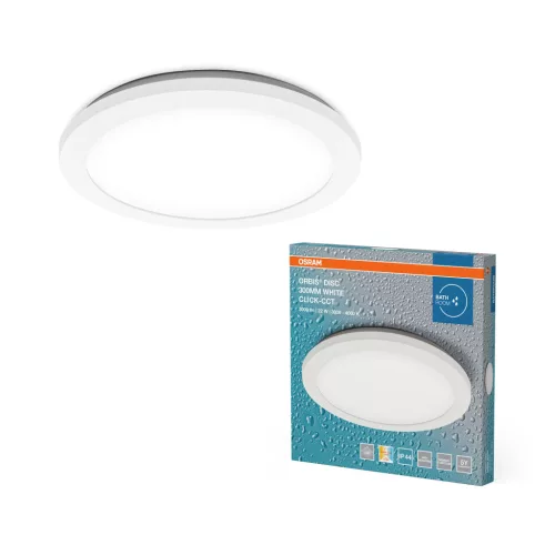 OSRAM Orbis Disc fürdőszobai LED mennyezeti lámpa, beltéri / fedett kültéri, fehér, 1800 lm, 22 W, 3000 K / 4000 K, (PC) és ABS, IP44, átmérő: 300 mm, kapcsolós színhőmérséklet ( 4099854447426 )