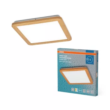   OSRAM Orbis Disc fürdőszobai LED mennyezeti lámpa, beltéri / fedett kültéri, fa dekor, 1800 lm, 22 W, 3000 K / 4000 K, (PC) és ABS, IP44, méret: 300 × 300 mm, kapcsolós színhőmérséklet ( 4099854447624 )